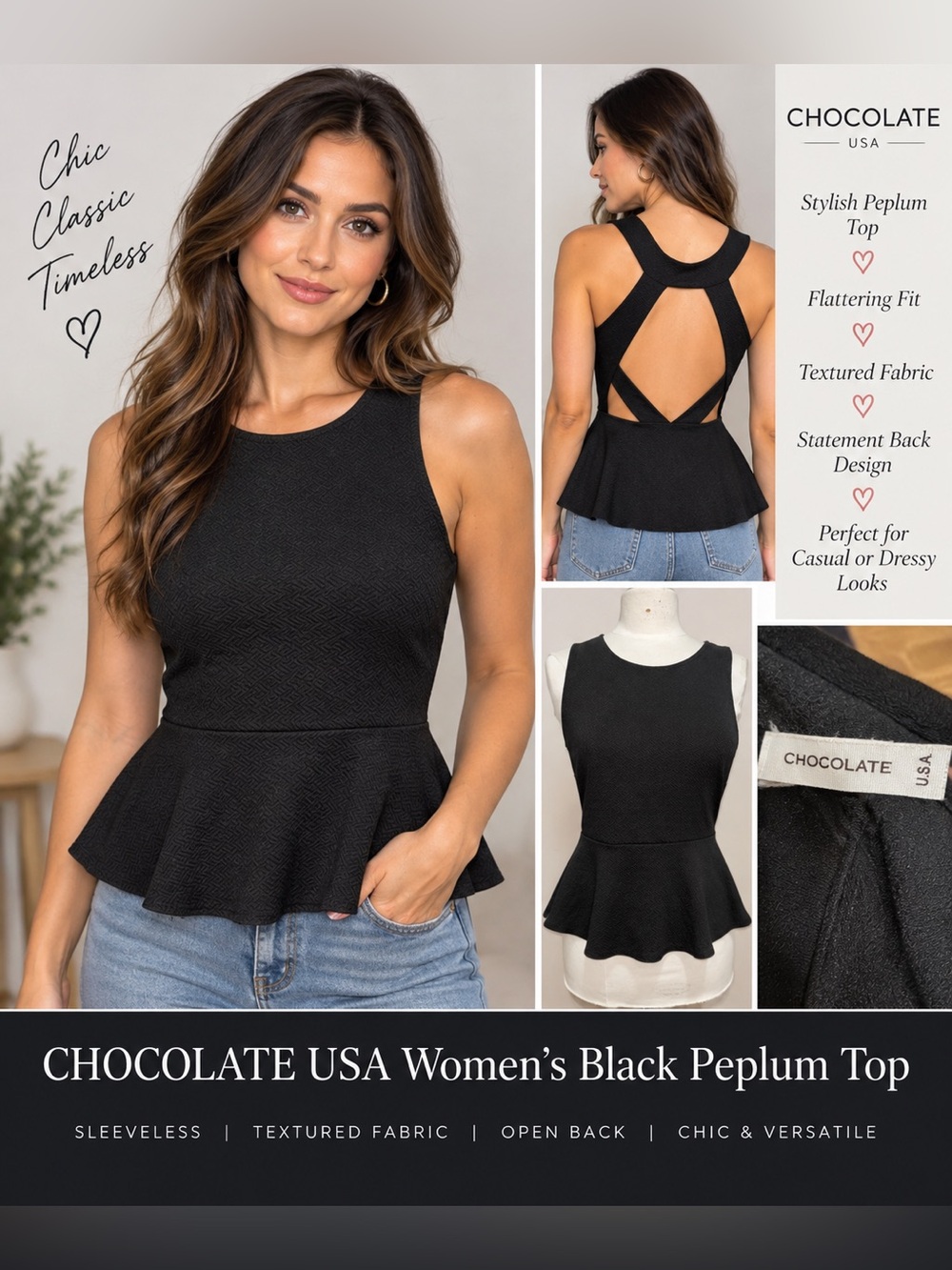 CHOCOLATE USA Women's Black Peplum Top